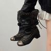 Fashion Vintage Cross Strap Thick Heel Women Motorcycle Boots Fashion Ladies Metal Buckle Pleated Mid Calf Booties