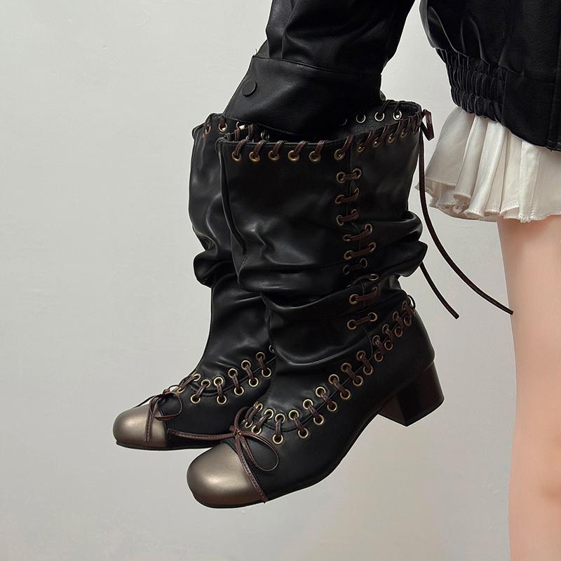 Fashion Vintage Cross Strap Thick Heel Women Motorcycle Boots Fashion Ladies Metal Buckle Pleated Mid Calf Booties