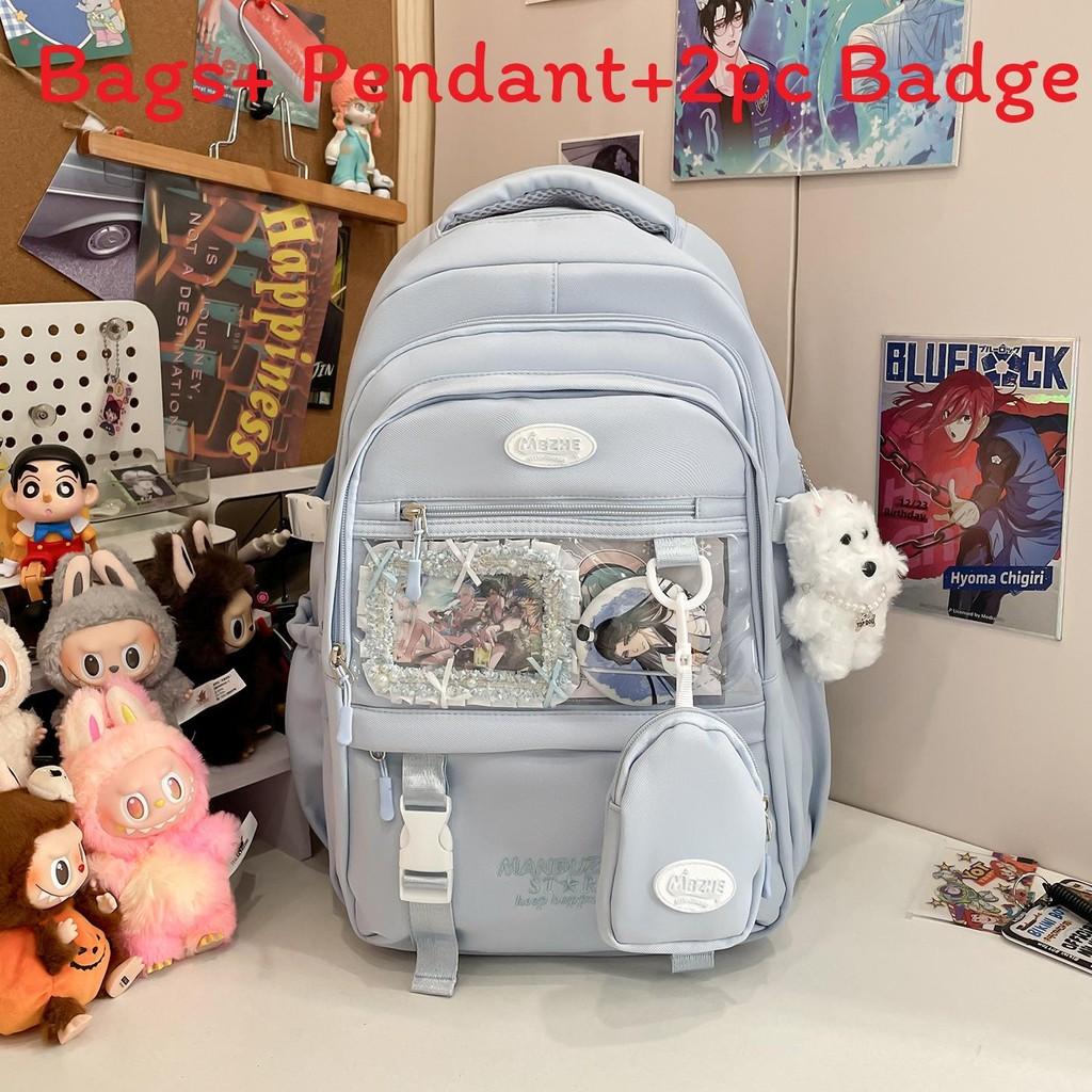 Color Solid Simple Letter Embroidery Student Backpack With Pendant And Badge