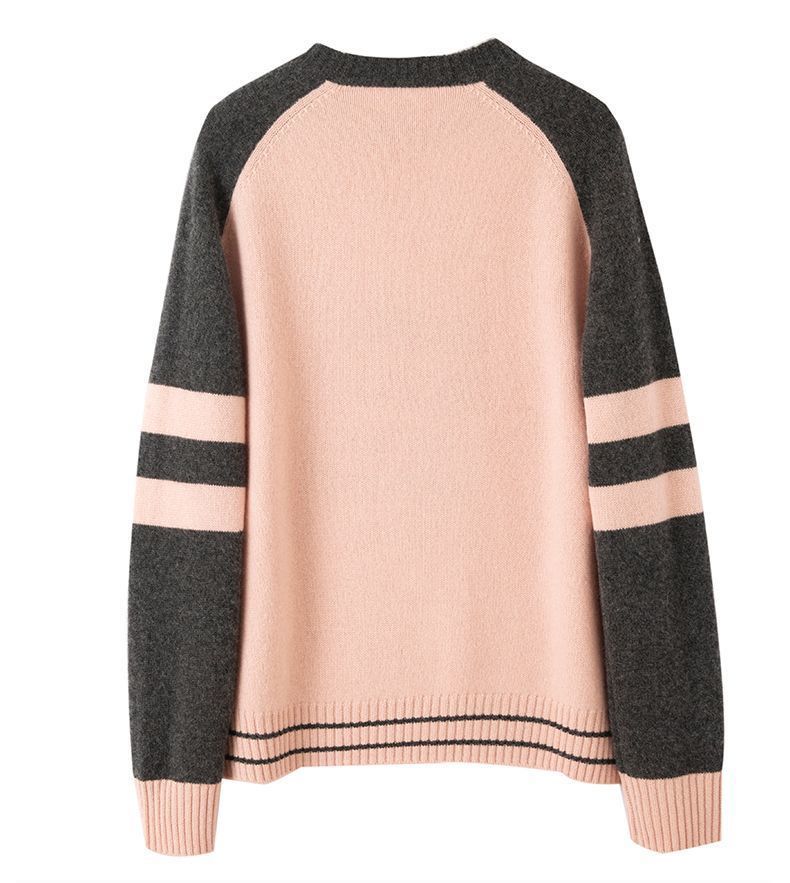 Autumn Winter Women Vintage Contrast Color Patchwork Thick Knitted Sweater Casual O Neck Long Sleeve Loose Pullover Tops Jumper