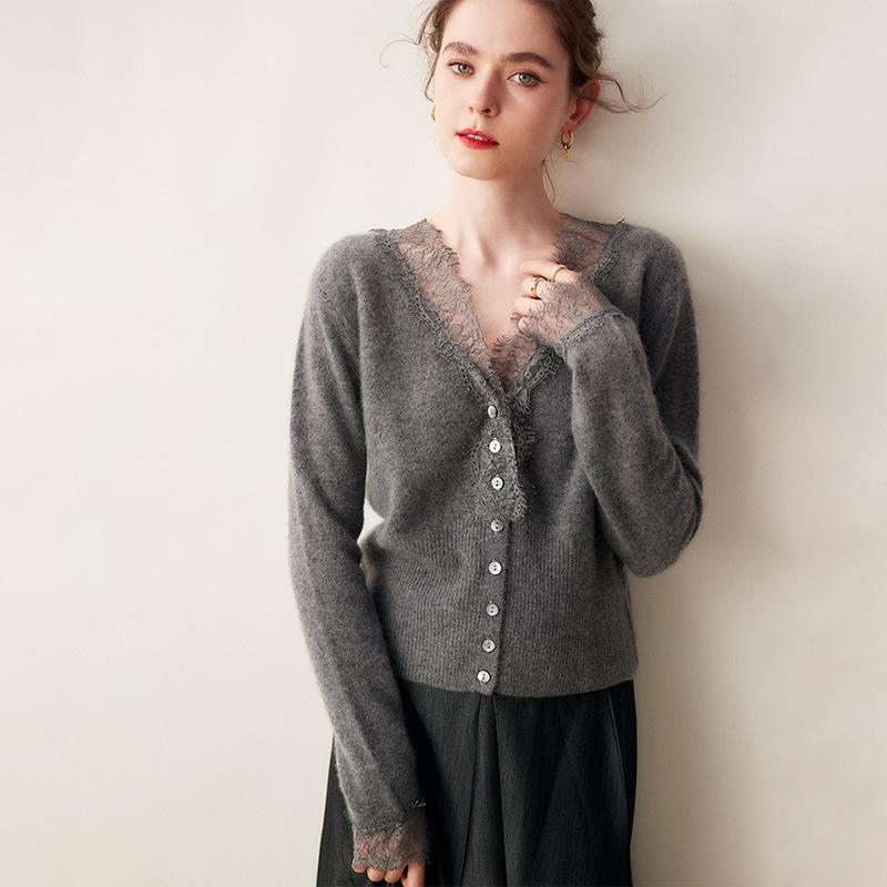 Women's V-Neck Cashmere Cardigan with Lace Trim - Short Knit Sweater Coat for Autumn/Winter