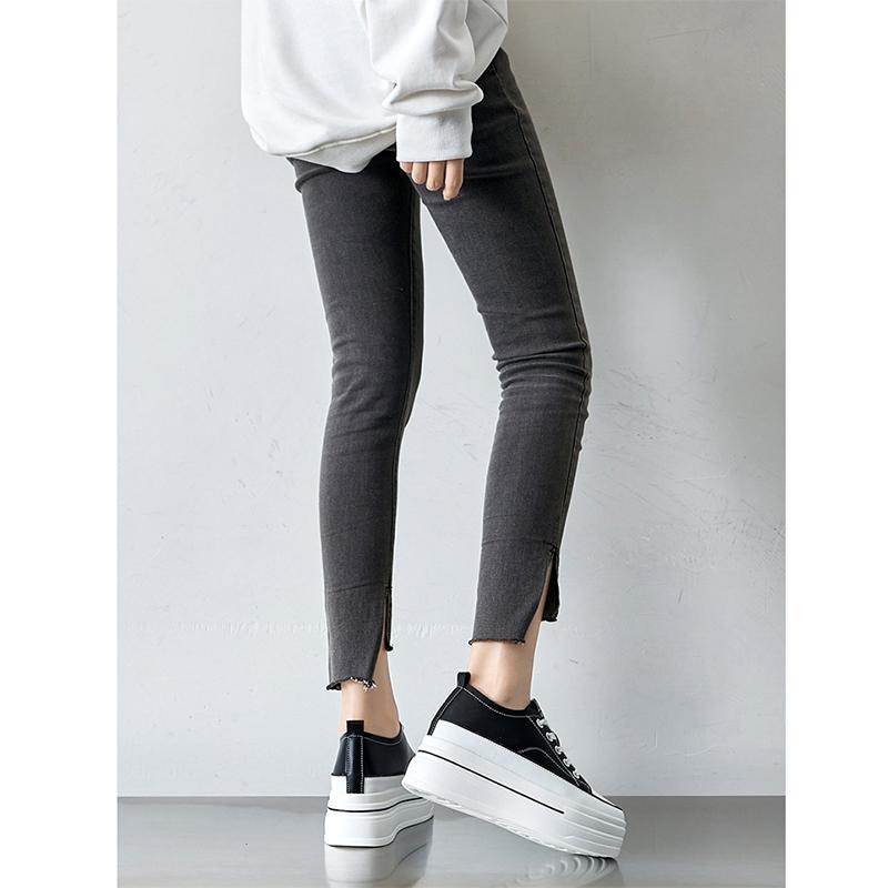 Spring Autumn Flat Platform Genuine Leather Shoes Women Fashion Sneakers Black White Height Increasing Shoes 8cm