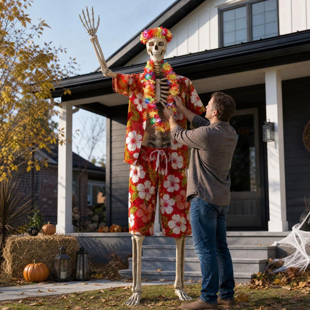 Skelett Kostüm Set mit rotem Urlaubshemd, Halloween Skelett Umhang und großen Skelett Dekorationen für den Außenbereich