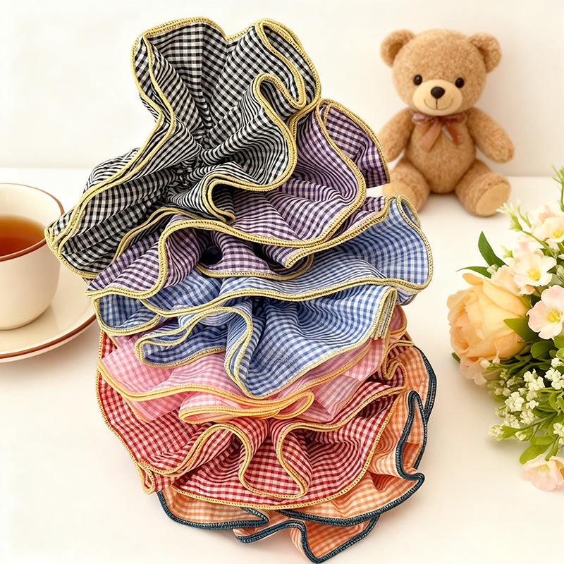 Korean Style Ruffled Plaid Color-Block Hair Tie - Retro Bun Accessory