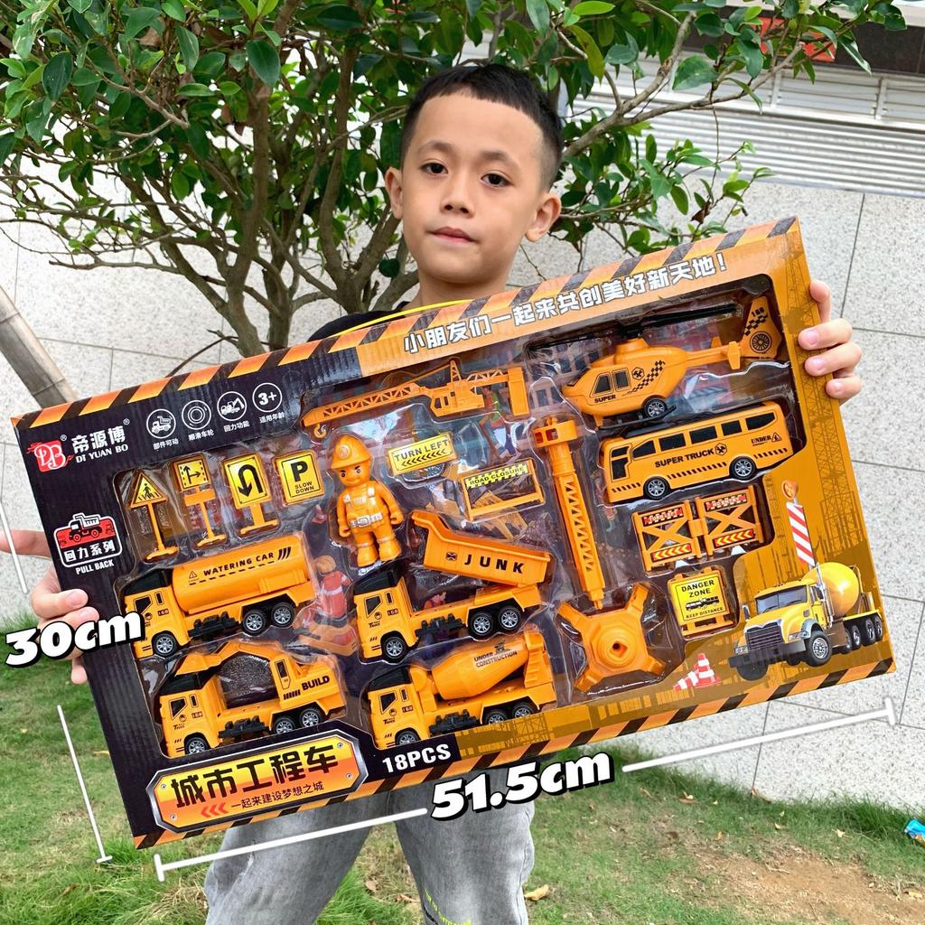 Construction Truck Fire Truck Inertia Pull Back Truck Set Gift Box Excavator Bulldozer Model Boy Toy
