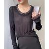 Women's Slim Fit White Lace Patchwork Long Sleeve Top