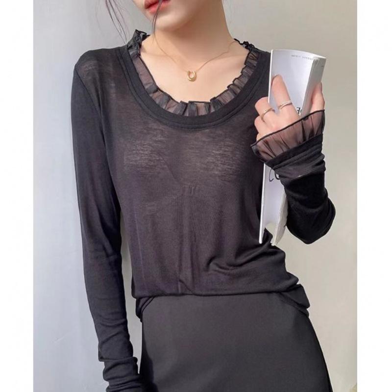 Women's Slim Fit White Lace Patchwork Long Sleeve Top