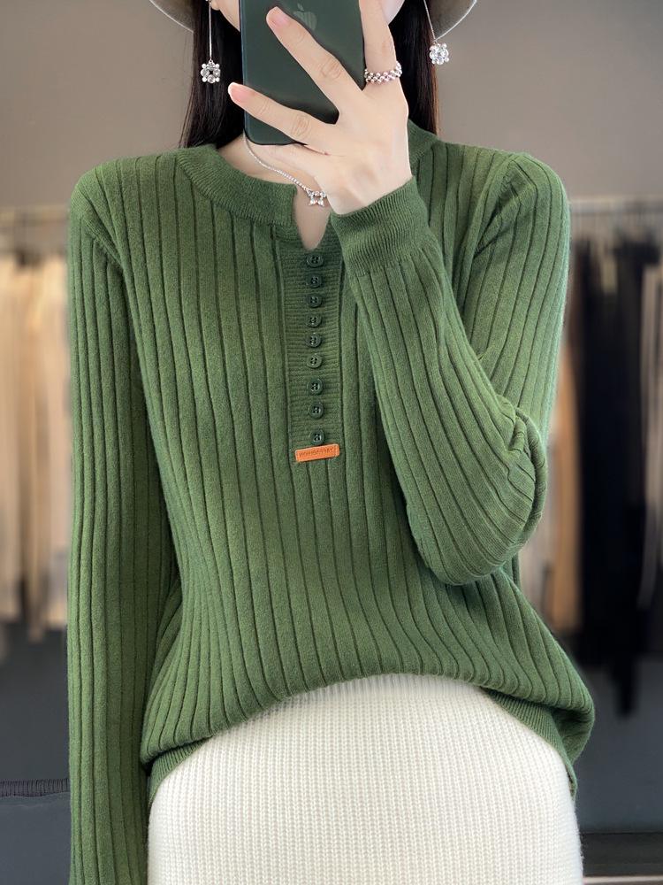 2023 Autumn Women's Slim Fit Long Sleeve Button Knit Pullover with Round Neck