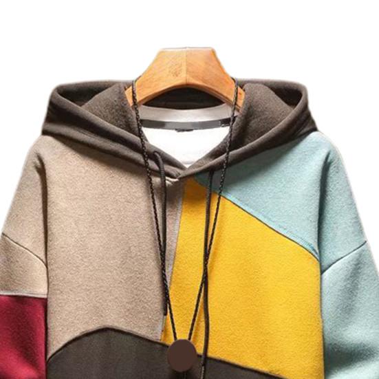 Men Autumn Hoodie Color Matching Thin Fleece Hooded Long Sleeves Oversized Keep Warm Big Pocket Casual Spring Hoodie for Daily Wear