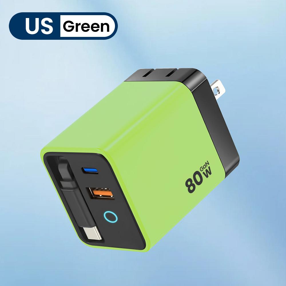 80W USB Type C super fast charger with LED indicator, equipped with a retractable cable, supports PD fast charging, suitable fo