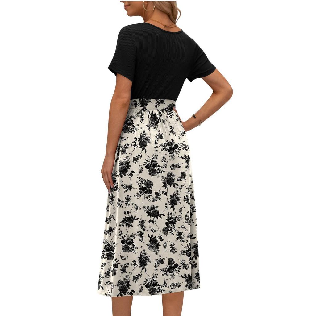 Midi Dresses Women Floral Print Patchwork Dress Short Sleeve Round Neck Comfortable Daily Party Dress