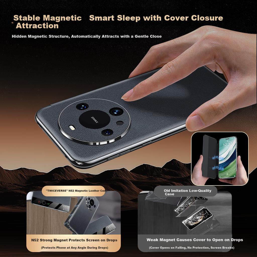 TWICEVERSE Genuine Leather Flip Smart Window Sleep Wake Case for Huawei Mate60 Pro+ Mate60Pro, Business Protective Cover