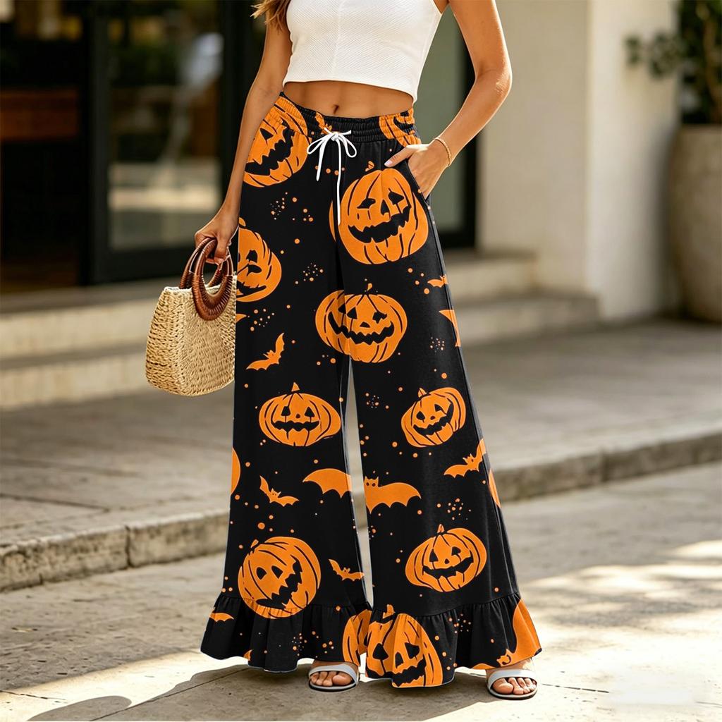 Women's Wide Leg Pants with Pockets High Waist Drawstring Floral Print Loose Casual Long Trousers Ruffled Hem