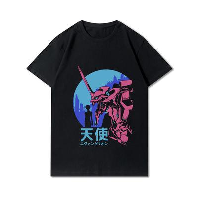 Plus Size Evangelion Printed Men T Shirts Round Neck Cotton Tops Summer Anime Casual Black Tees
