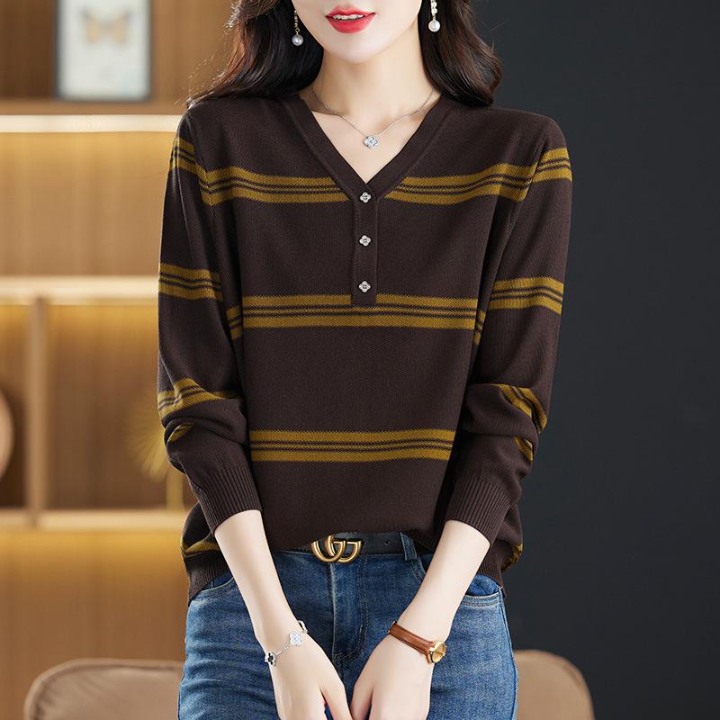DAFIFY Women's Fashion Casual Fall Winter Stripe Print Long Sleeve V-Neck Sweaters