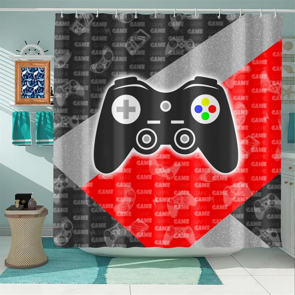 Boy Room Video Gamepad Printed Shower Curtain, Toilet Bathroom Bathtub Decorative Shower Curtain With 12 Hooks
