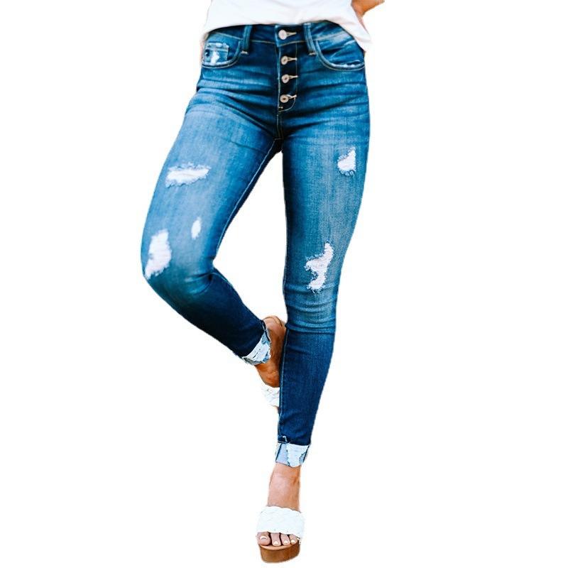 Herbst neue zerrissene Röhrenjeans Damen gewaschene geknöpfte Bleistiftdamenhose Freizeithose