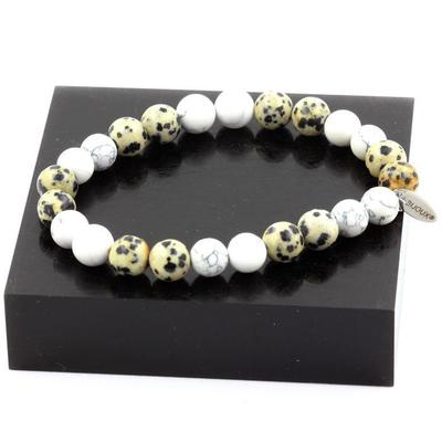 Steine ​​und Mineralien. Armband Howlith-Perlen + Dalmatiner-Jaspis 8 mm. Hergestellt in Frankreich.