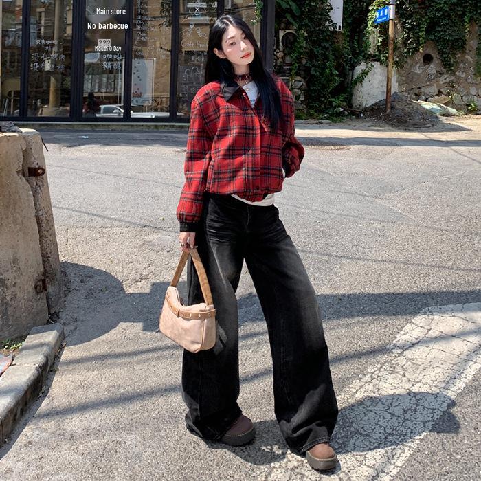 Women s High-Waisted Black Wide-Leg Retro Jeans for Autumn/Winter 2024 Large