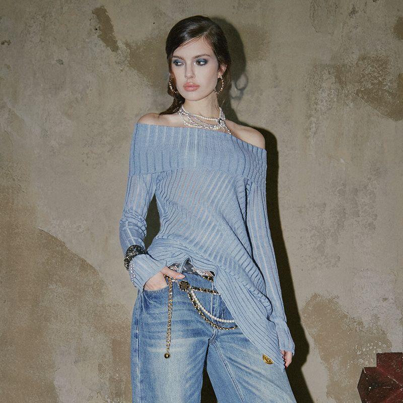 

Decodediva [Platinum Discipline] Asymmetrical Hem Stripes Slightly Transparent Knitting off-Neck Woolen Tops Gray Blue 175/96A