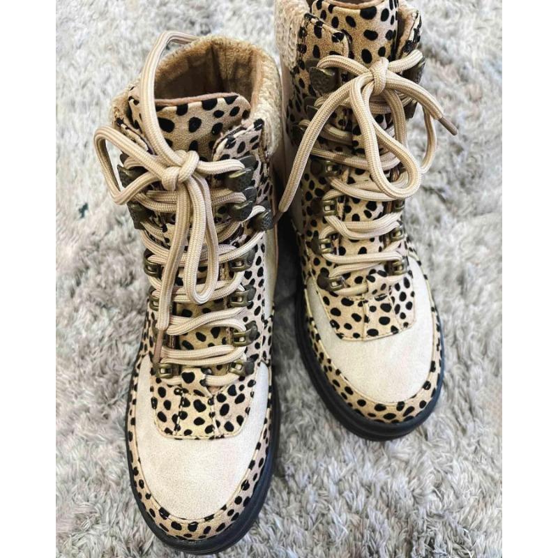 Autumn and Winter New Large-size Flat-bottomed Martin Boots Women's High-top Round Head Lace-up Leopard Print Wool Boots Thick-soled Short Boots