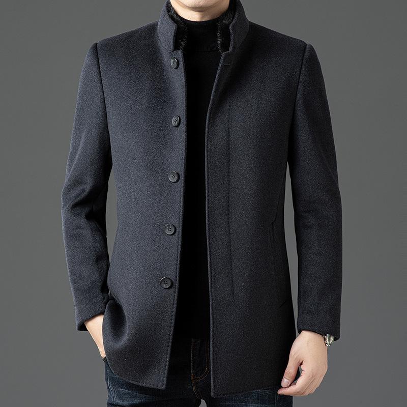 Middle-aged and Elderly Men's Woolen Coats Mid-length Stand-up Collar Down Lining Autumn and Winter Double-sided Woolen Coats Men's Two-piece Set
