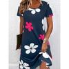 Damen Mode Blumenmuster Druck Sommer Frühling Kurzarm Rundhals Freizeitkleider