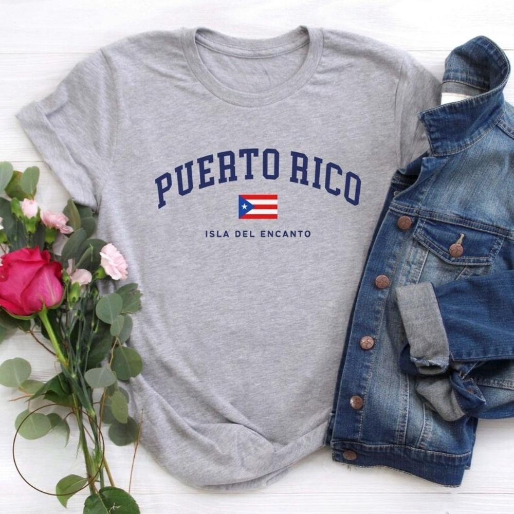 Puerto Rico Isla Del Encanto Graphic Shirt Unisex Unisex Cotton Tshirt Vintage Varsity College Font Puerto Rican Flag Patriotic Tee