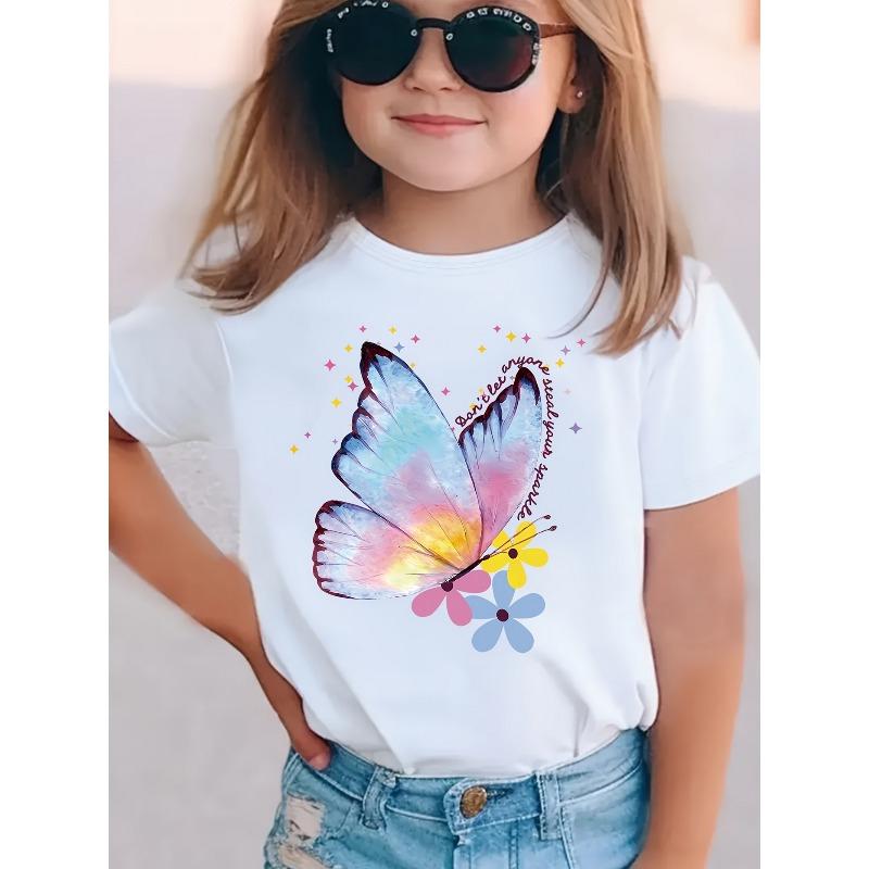 

European sizes 1pc Kids Butterfly Flowers Print White T-Shirt | Crew Neck, Casual Tee, Medium Stretch Knit Fabric, Regular Fit for Boys & Girls 98cm белый