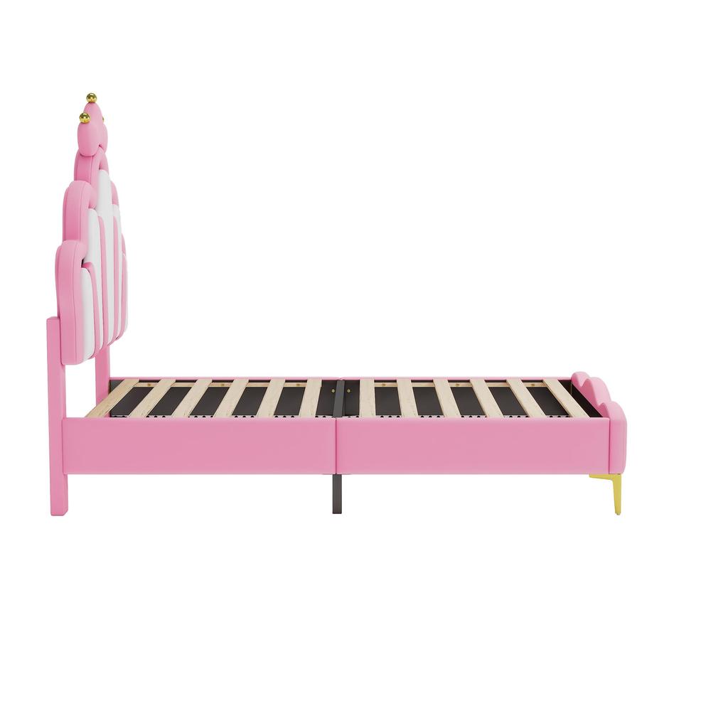 Polsterbett 90x200cm, kronenförmiges Prinzessinnenbett, Lattenrost, LED-Farbwechsellicht, PU-Material, Erwachsene/Jugend, Ohne Matratze