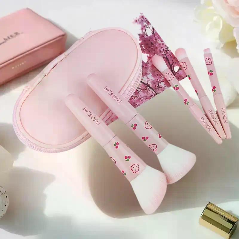 5pcs Cute Compact Makeup Brush Set With Case Premium Brush For Flawless Foundation, Blush, Eyeshadow Application Beauty Tools