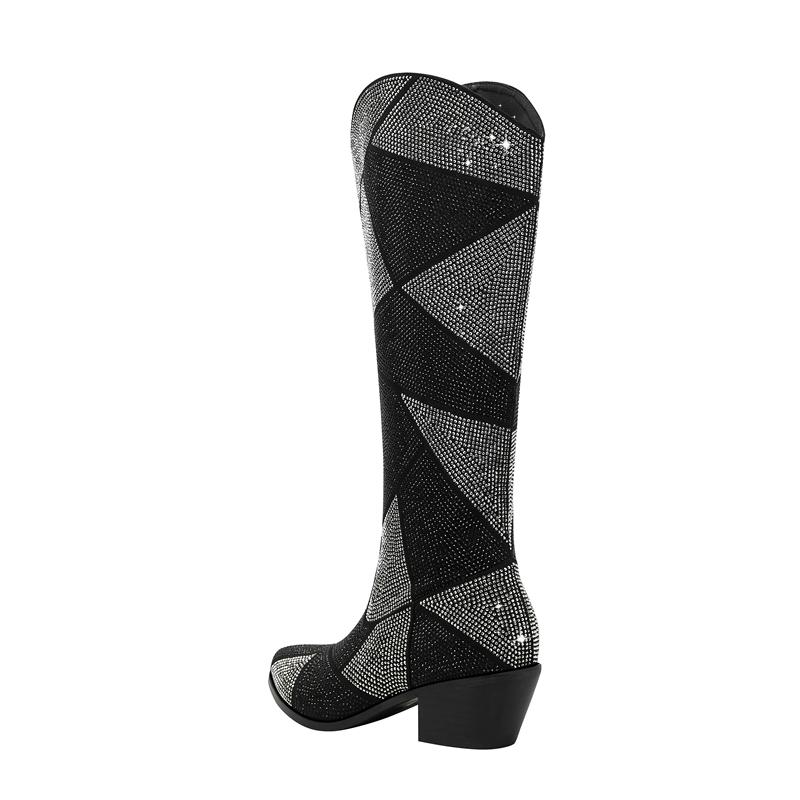 Fashion Kaky's New Water Diamond Thick High Heel Round Head Large Size Women's Boots High Barrel Boots Long Knee Length Boots