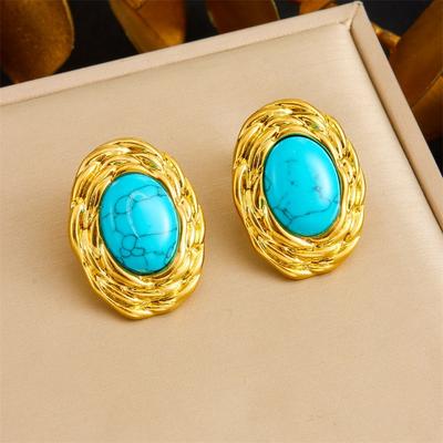 Gold Twisted Border Oval Turquoise Stud Earrings for Women