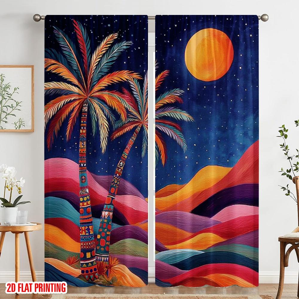 2pcs 2D flat printing Curtain Vibrant Palm Trees Desert Night Polyester Without Electricity Festive Holiday Perfect for Holiday