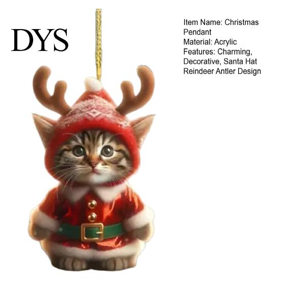 Santa Hat Kitten Charms Cat Christmas Ornament, Acrylic Car Mirror Hanging Decor with Holiday Gift Packaging Embellishments Reindeer Antlers, 2D Cute