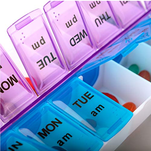 Pill Box Organizer Case, 14 Compartments, 7 Daily AM PM Slot, 2 Times a Day, Weekly dosis, Medicine Holder/Container, Ideal/Medication, Vitamin, Supp