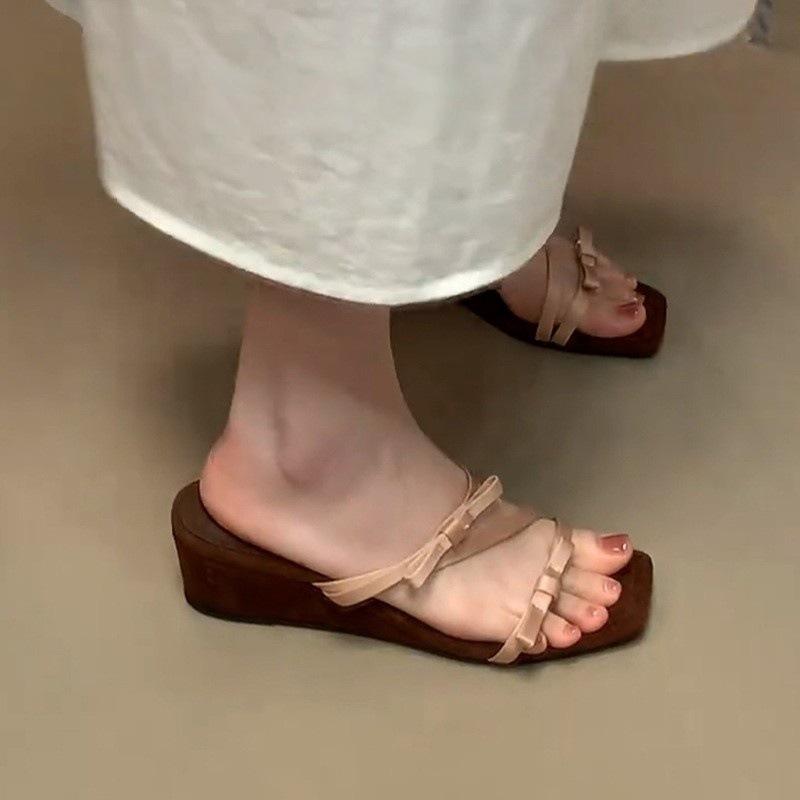 Vintage slope heel cool slippers women's high heel sandals bow square head beach sandals