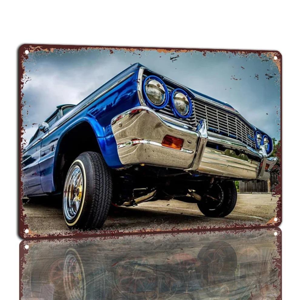 Juguetes de Hombre Verdadero Cartel Metálico de Coche Lowrider Azul Brillante Vintage, Decoración de Pared de Lata de Aluminio para Sala de Estar, Dormitorio, Oficina, Bar