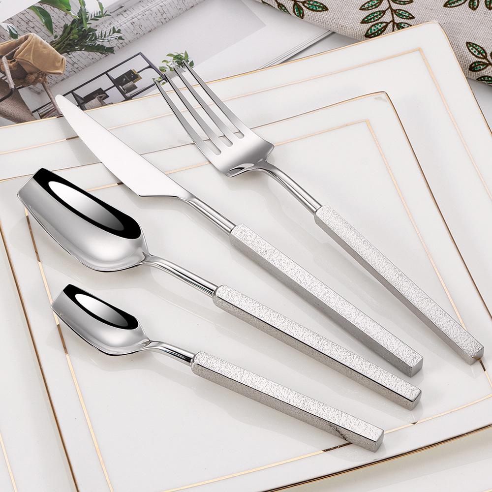 Luxury 4Pcs 304 Stainless Steel Cutlery Set - Mirror Silver/Golden Cube Handle Western Knife Fork Spoon Dinner Set