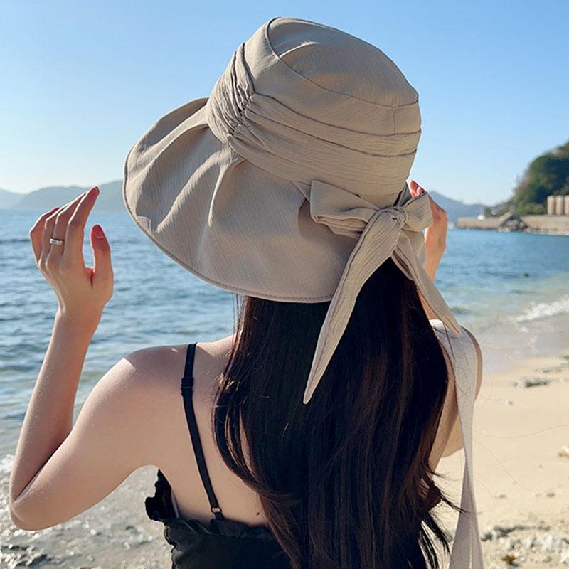 Summer Vinyl Women Fisherman Hat Solid Color Bow Wide Brim Bucket Hats For Ladies Travel Outdoor Sun Protection Cap
