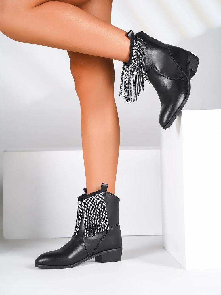 Wedge Low Heel Crystal Tassel Design Ankle Boots Women Pumps Pointed Toe Leather PU Chunky Heel Chelsea Boots Punk Boots