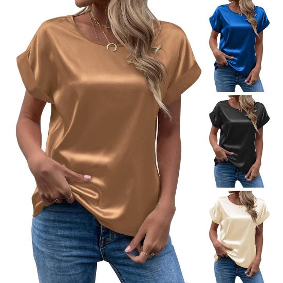Women Satin Tops Casual Loose Short Sleeve Crew Neck Blouse Summer Silky Shirts Work Business Outfits