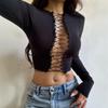 Sexy krajkový výstřihový crop top s dlouhým rukávem pro ženy