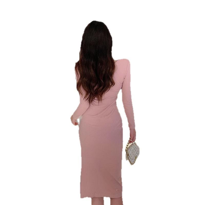 French Sexy Long-sleeved Hip Skirt Women's Spring and Autumn New Waist Sweet Temperament Hollow Split Design Dress