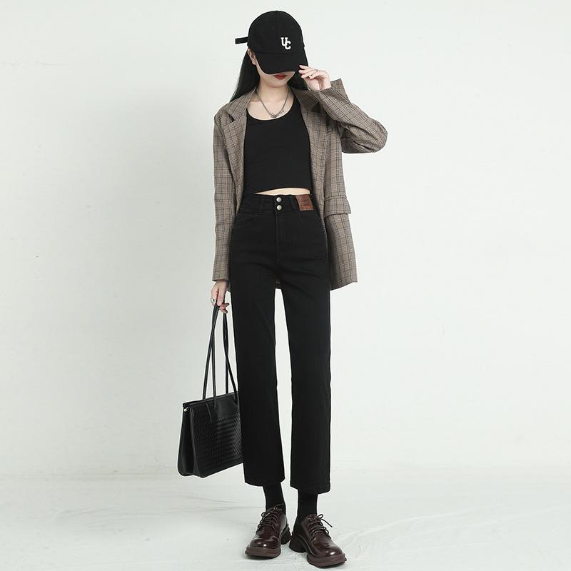 Women's High-Waisted Black Cigarette Jeans - Autumn 2023 Trendy, Slim, Loose, 9/10 Length
