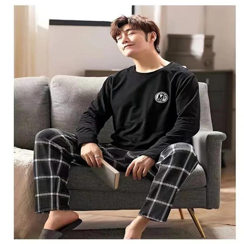 Pajamas Men Long-Sleeved Cotton Autumn and Winter Can Be Worn Outside the Casual Large Size Grey Striped Sleepwear Homewear