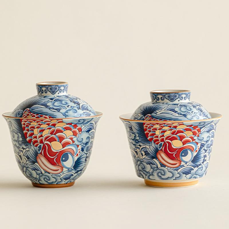 Dragon Fish Gaiwan Ceramic Tea Set Chinese Style Two Layer Lids Brewing Bowl for Home Kung Fu Tea Ceremony High Aesthetic Gift
