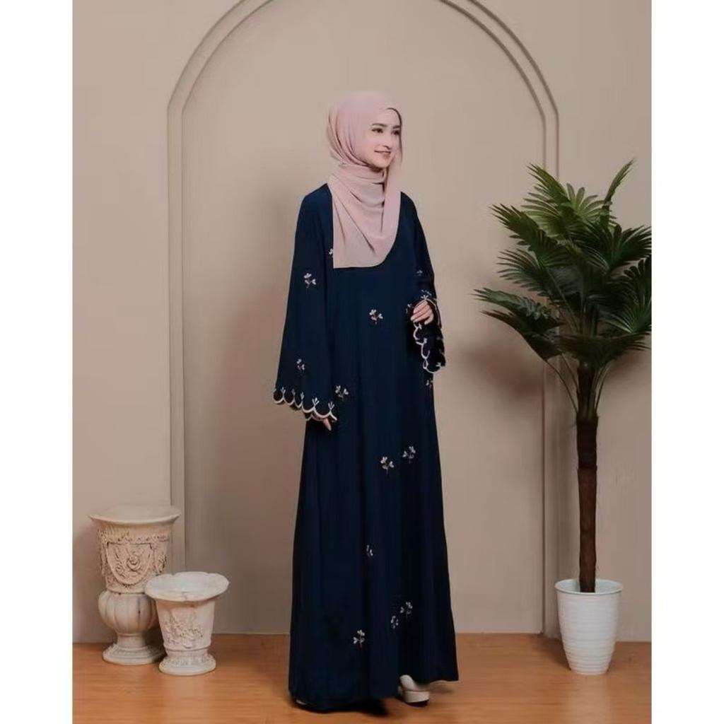 Women's Crew Neck Long Sleeve Maxi Dress Loose Fit Relaxed Waist Floral Embroidery Modest Abaya Dress