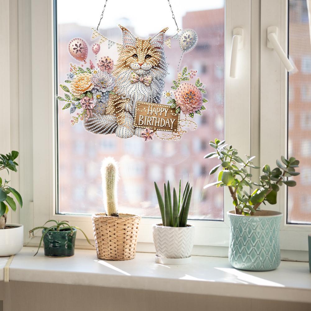 

2D Flat DIY Diamond Art Pendant Window Hanging Art for Home Decor (Happy Cat) United States