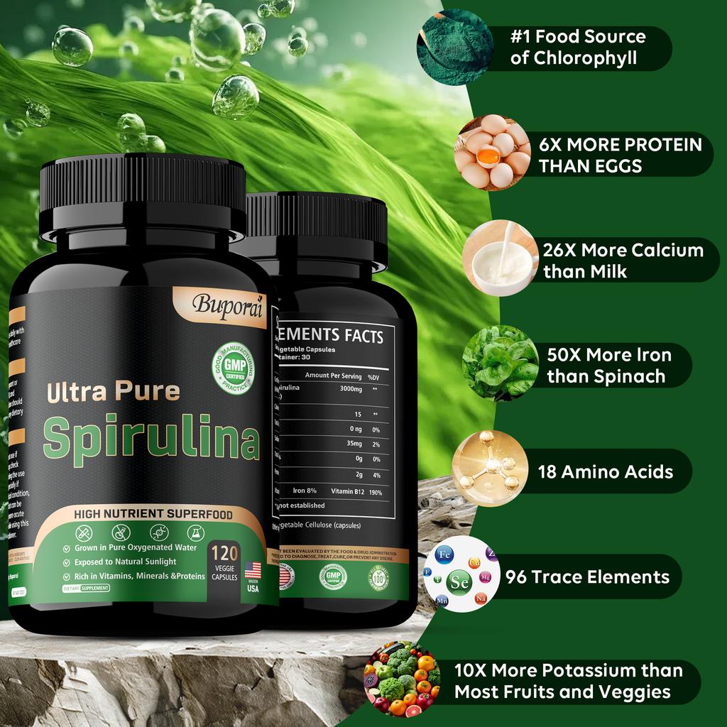 Spirulina-Pulverkapseln, das beste reine vegane Protein, helfen bei der Entgiftung des Körpers, geeignet für Erwachsene.